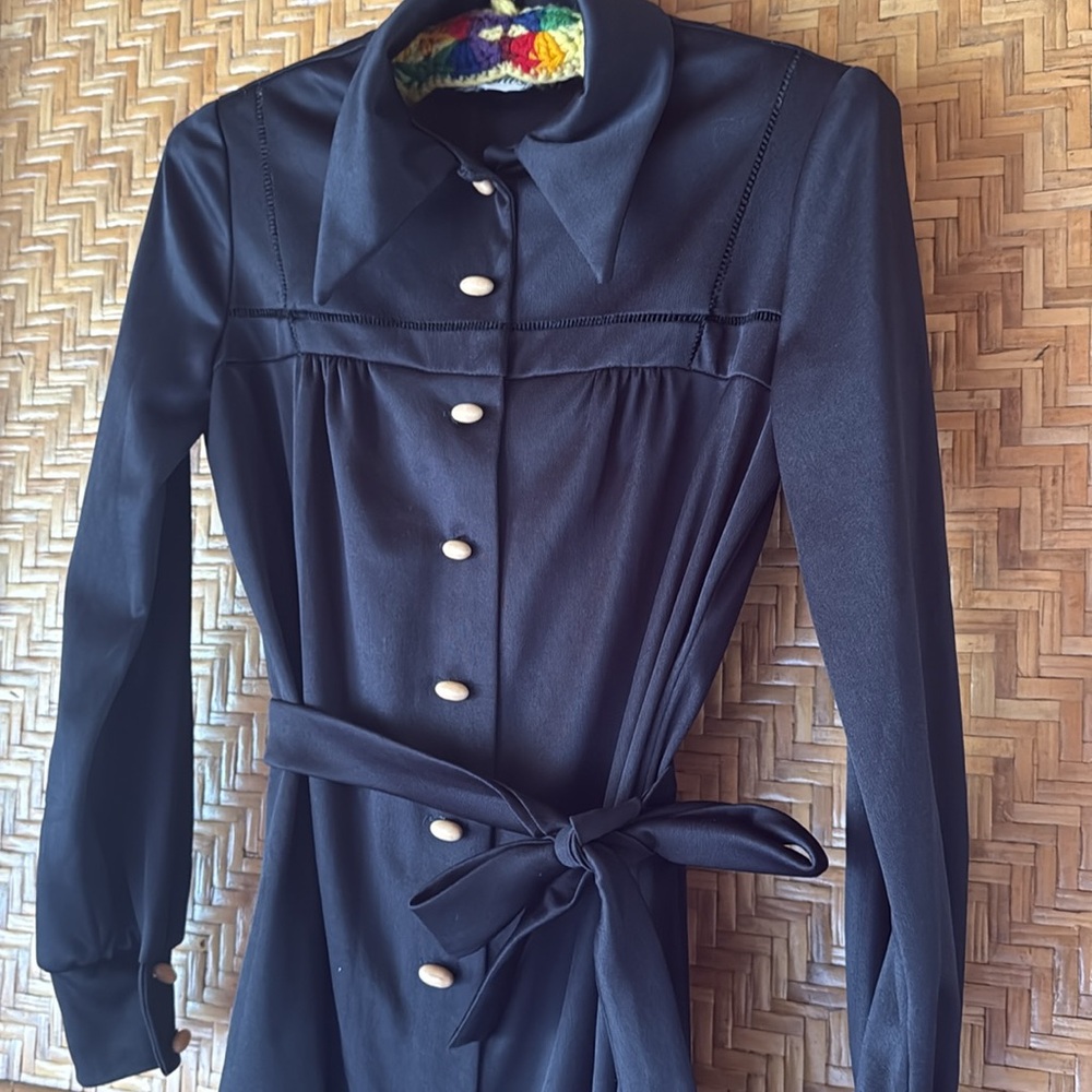 Vintage Black Long Sleeve wooden Button front Dress small